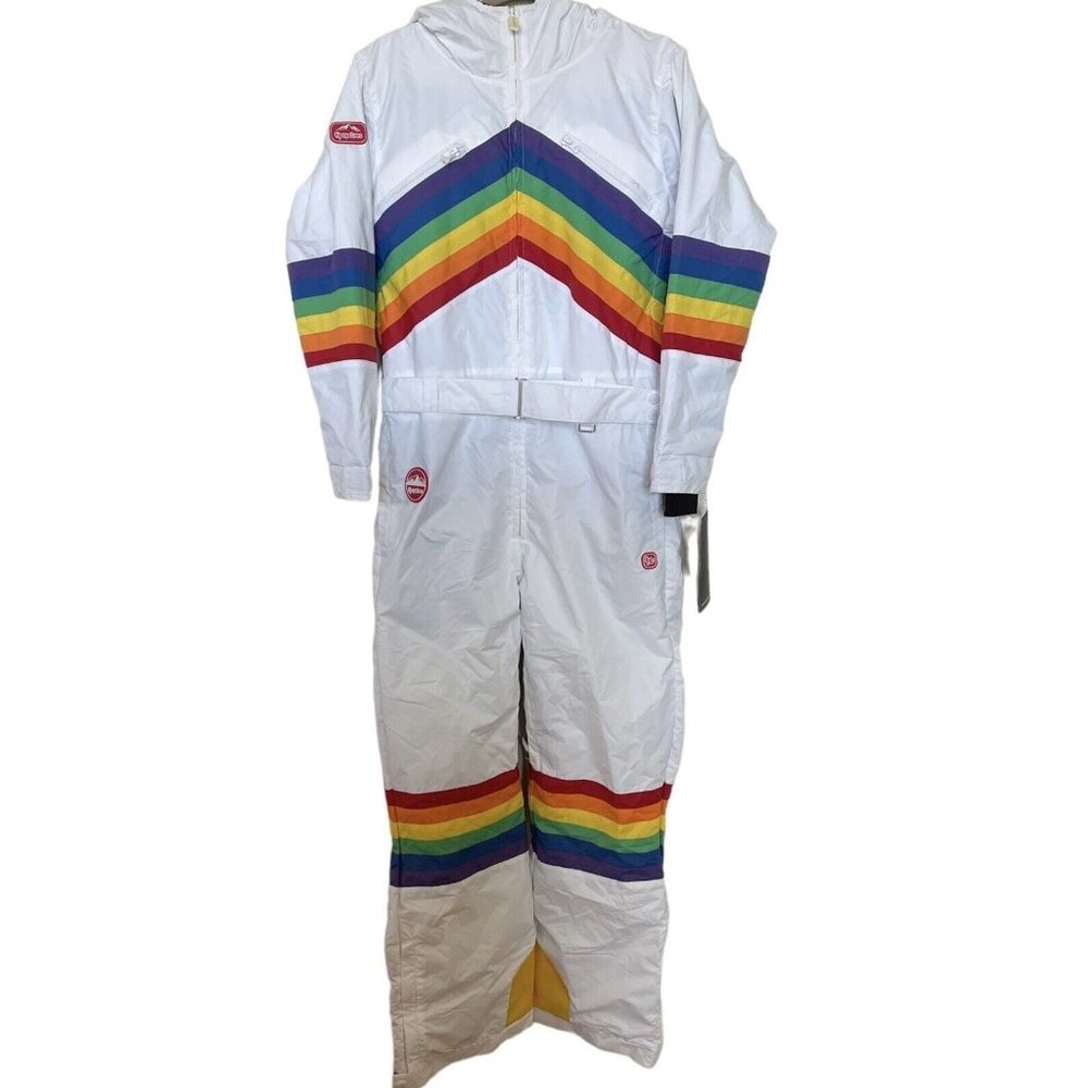 Tipsy Elves White Ski Jacket with Rainbow Stripes